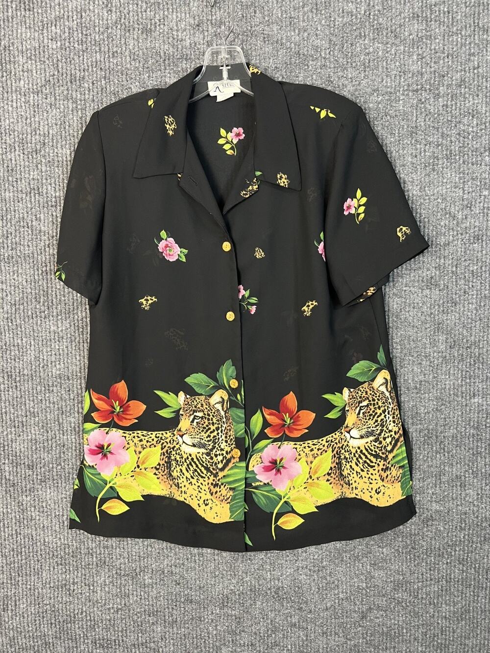 Vintage K Studio Floral Tropical Leopard Blouse Womens 8 Sheer Short Sleeve